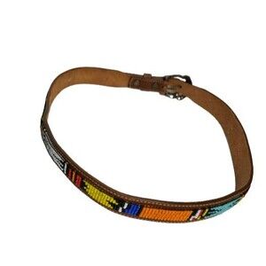 REI Womens Beaded Leather Waist Belt Brown Multicolor Colorful #309025 Size M